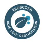 Sello de certificación que acredita la calidad blue leaf Bioscore